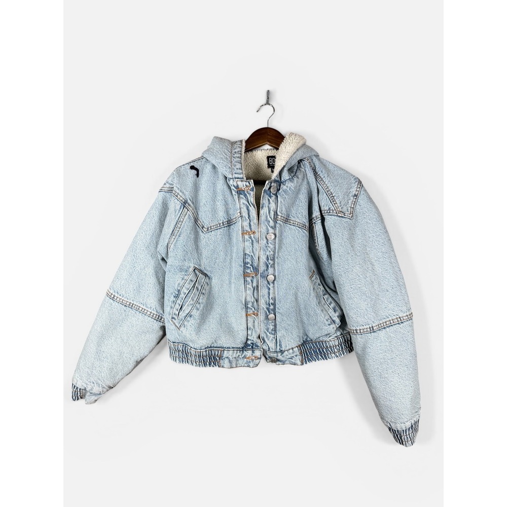 BDG Denim Jacket Womens Medium Blue Sherpa Lined Hooded‎ Elastic Hem Cropped